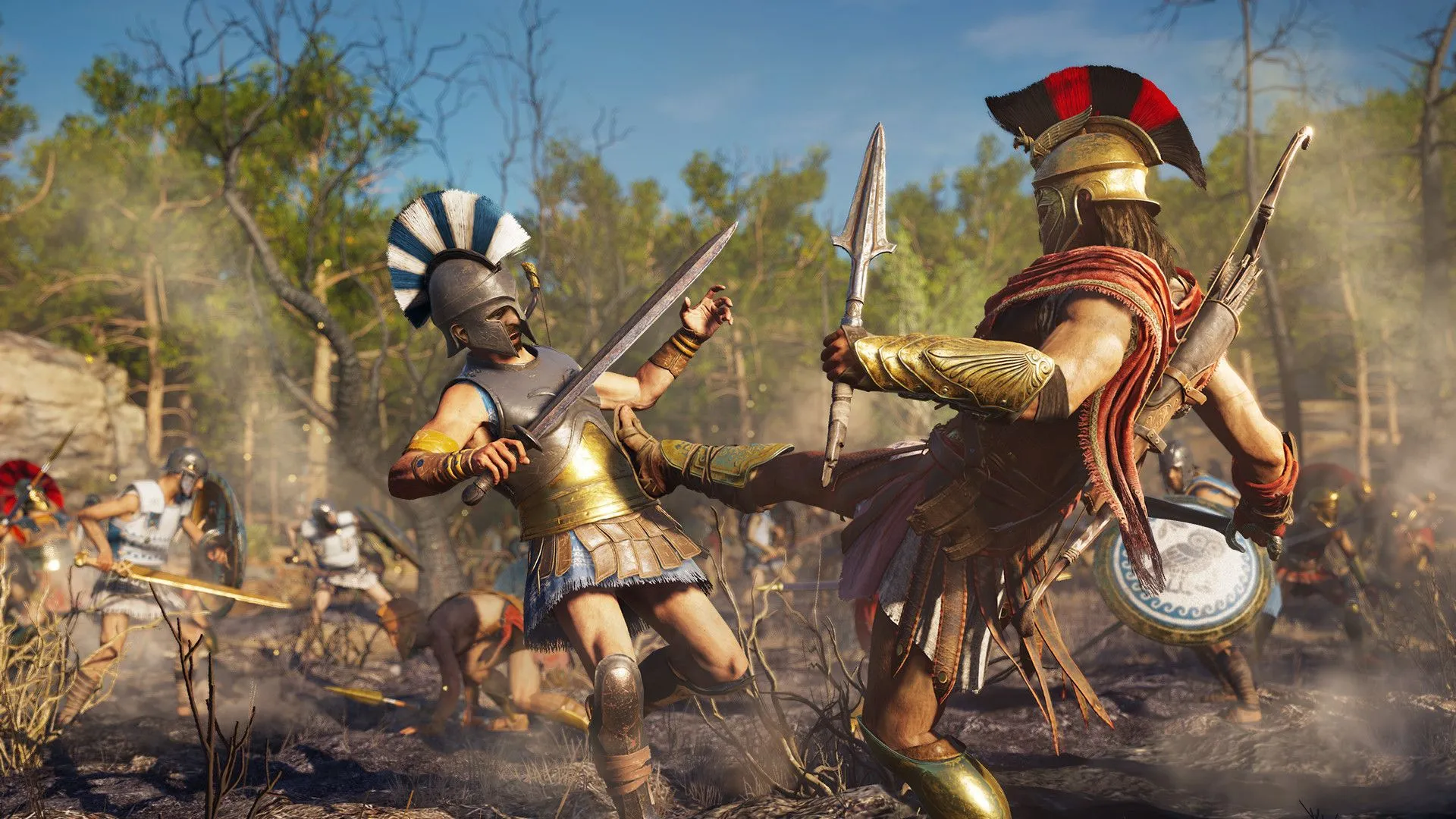Alexios thực hiện cú đá Sparta kinh điển trong trận chiến của Assassin's Creed Odyssey
