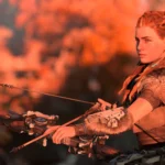 Aloy trong Horizon Zero Dawn giương cung trước cảnh hoàng hôn, biểu tượng cho thành công của game chơi đơn trên PlayStation.