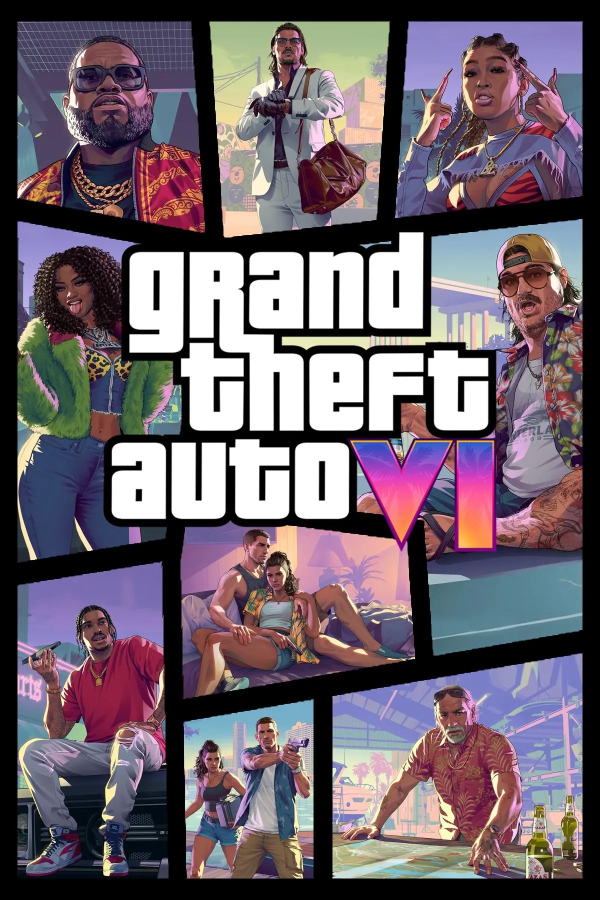Ảnh bìa game Grand Theft Auto 6 (GTA 6) sắp ra mắt, với phong cách nghệ thuật đặc trưng của series và hình ảnh cặp đôi nhân vật chính.