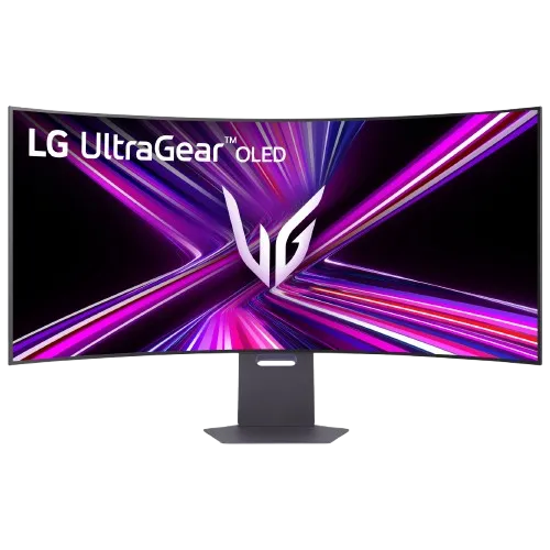 Ảnh cận cảnh mặt trước màn hình chơi game LG UltraGear OLED 45 inch 5K2K hiển thị thiết kế và chân đế công thái học