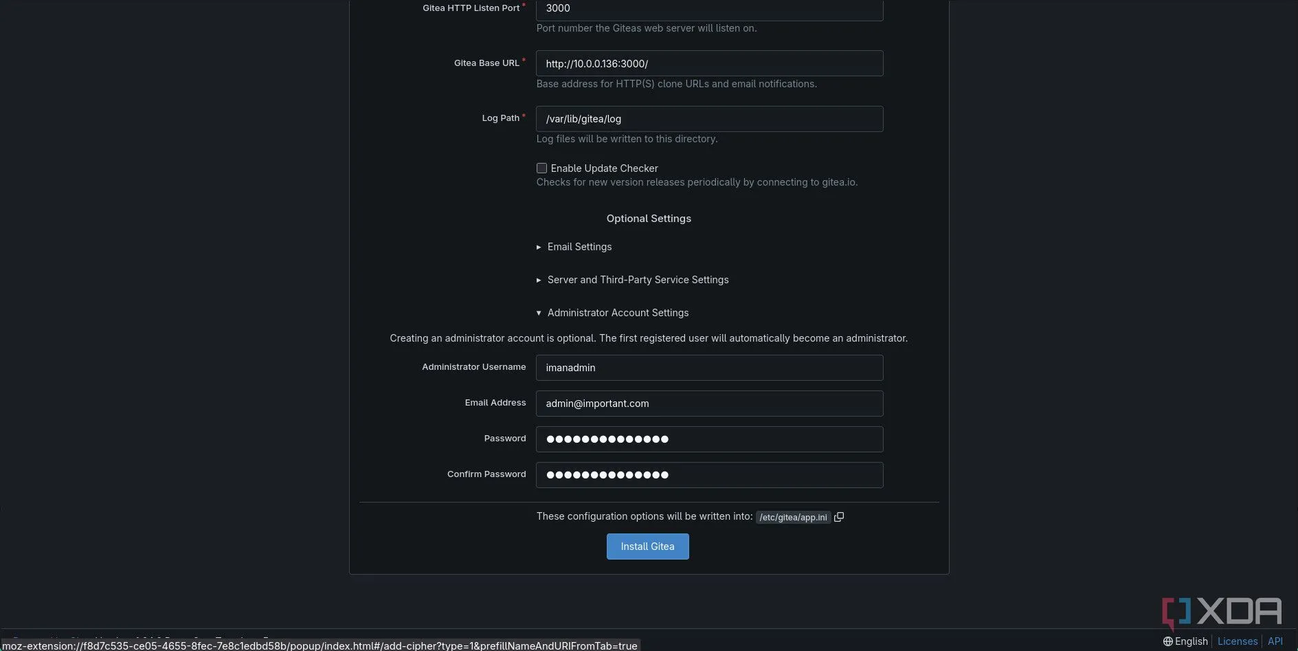 Ảnh chụp màn hình cấu hình tài khoản quản trị viên (Administrator Account Settings) của Gitea.