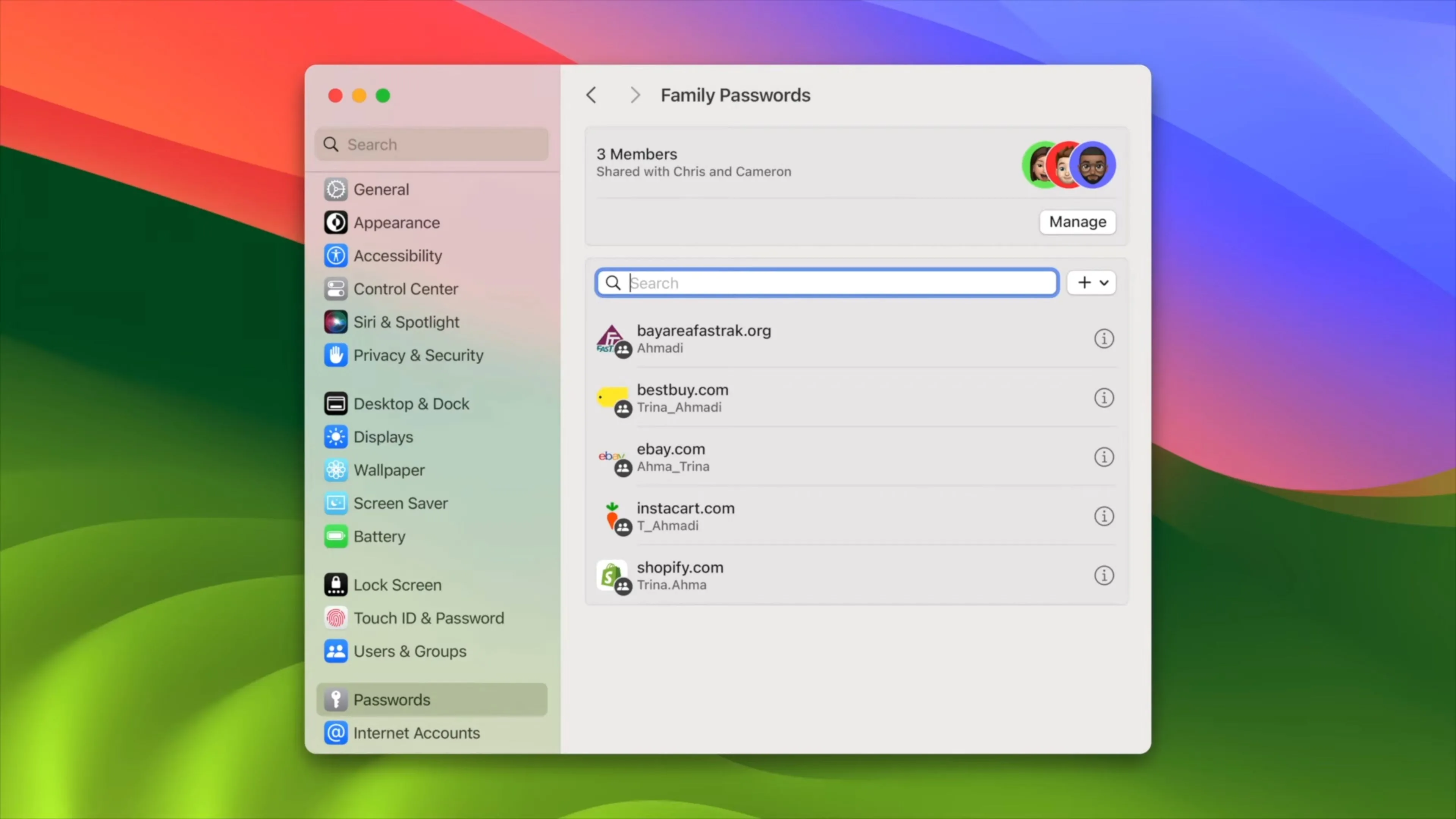 Ảnh chụp màn hình chia sẻ mật khẩu với thành viên gia đình trong macOS