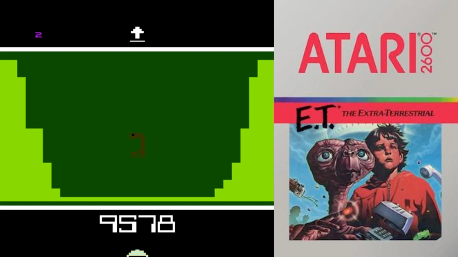 Ảnh chụp màn hình game E.T. The Extra-Terrestrial bên cạnh ảnh bìa game Atari