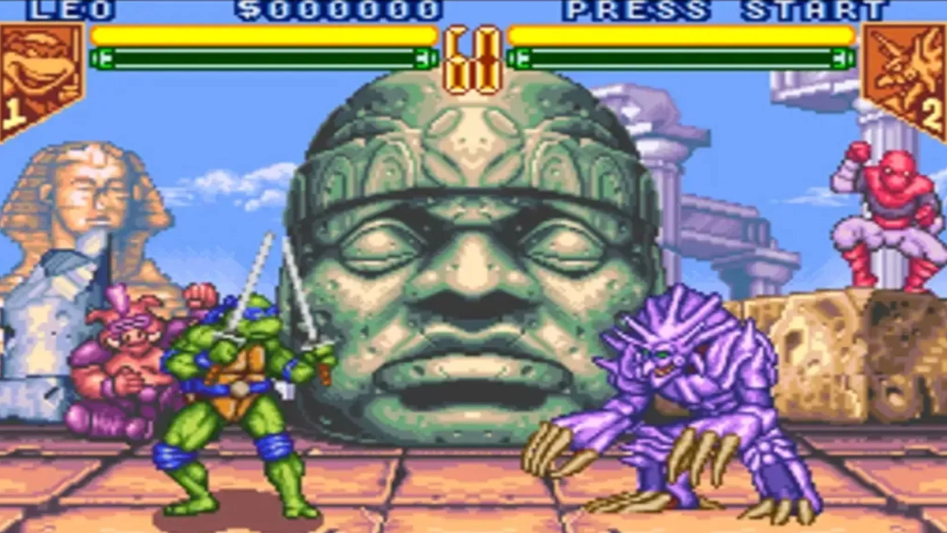 Ảnh chụp màn hình gameplay của game TMNT: Tournament Fighters trên SNES, hiển thị các nhân vật ninja rùa trong trận đấu.