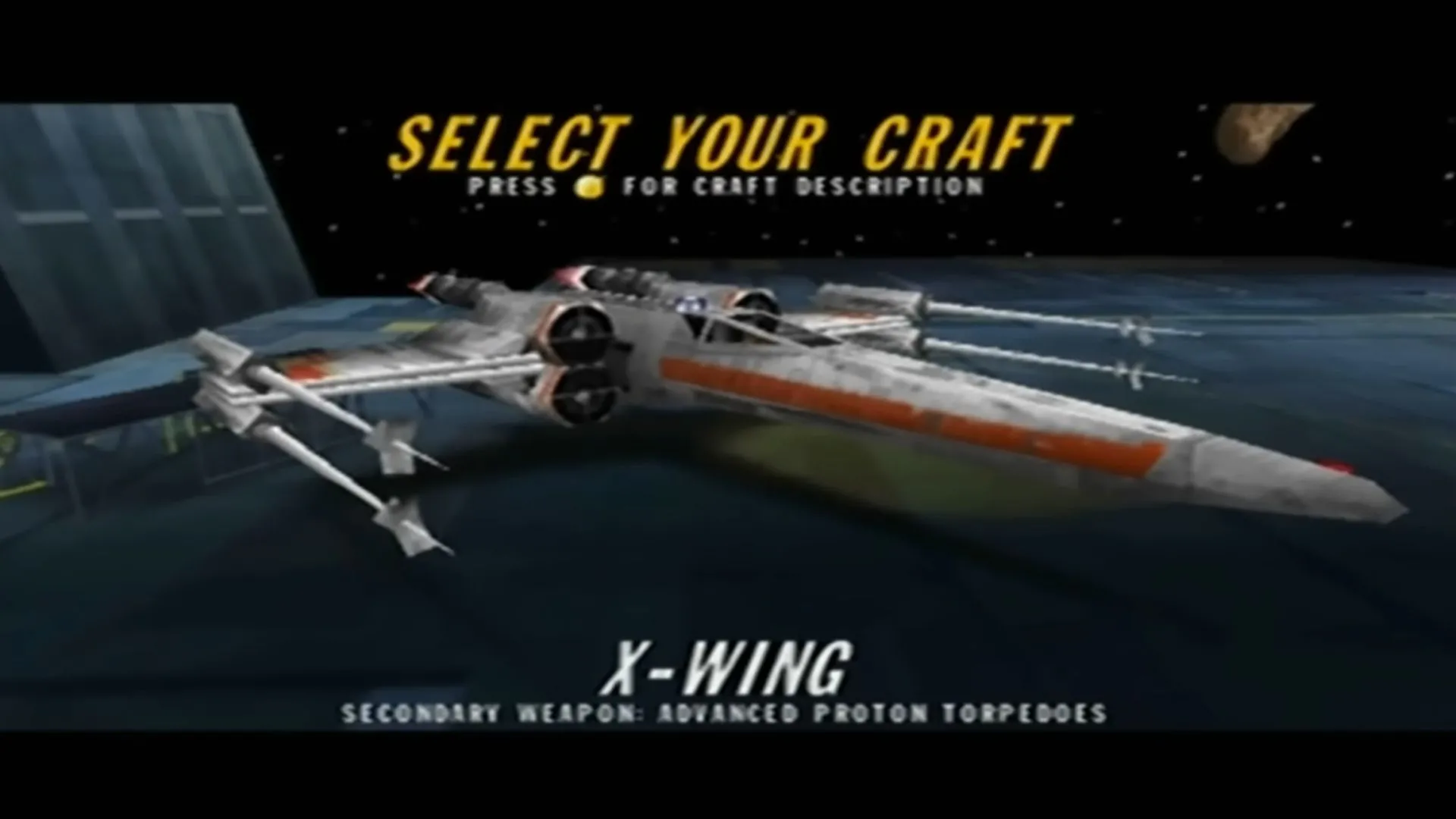 Ảnh chụp màn hình gameplay từ Star Wars Rogue Squadron, cho thấy phi thuyền X-Wing đang bay trong một trận chiến.