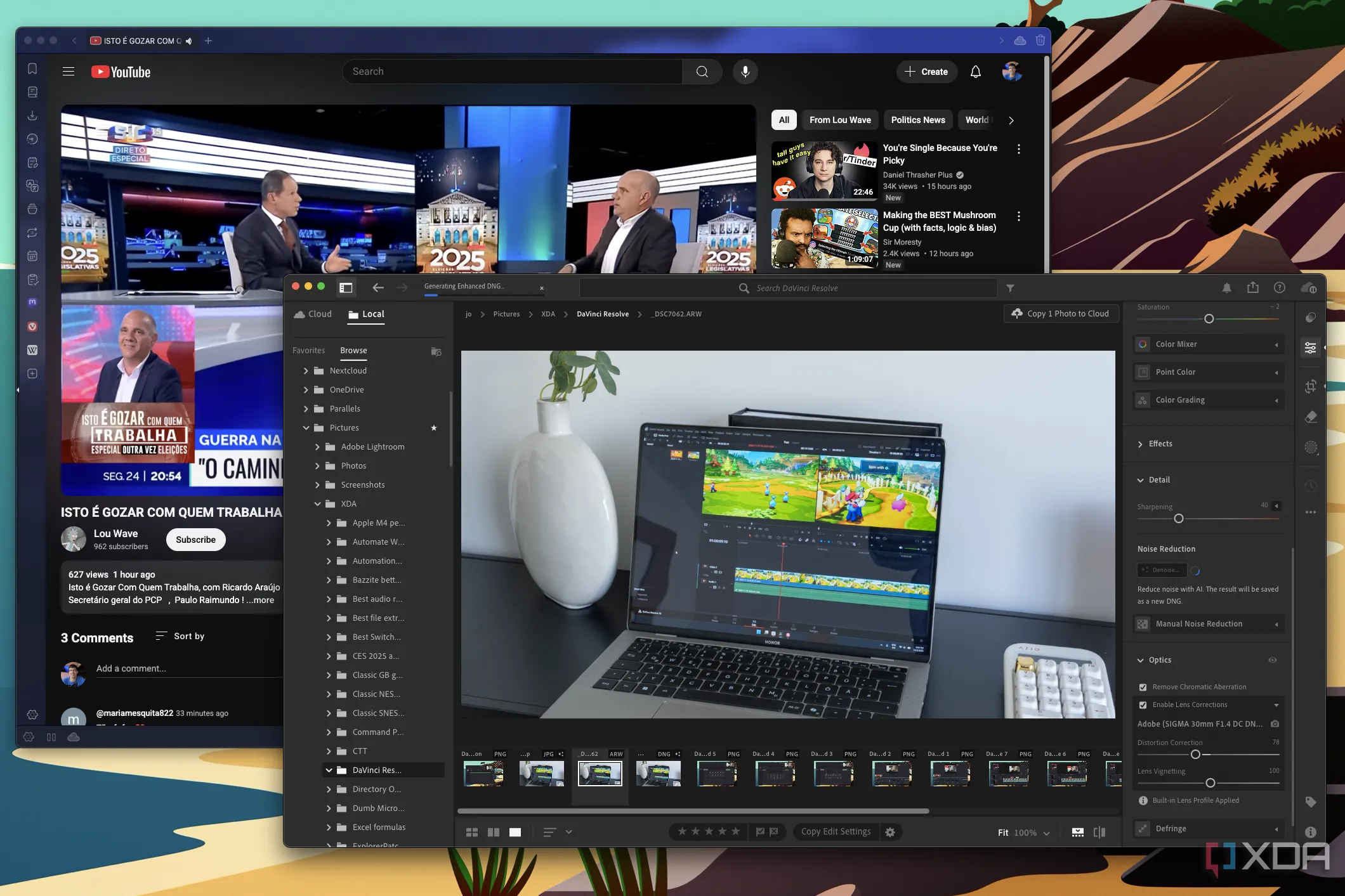 Ảnh chụp màn hình macOS hiển thị Adobe Lightroom đang chạy và trình duyệt Vivaldi phát video YouTube ở chế độ nền mượt mà.