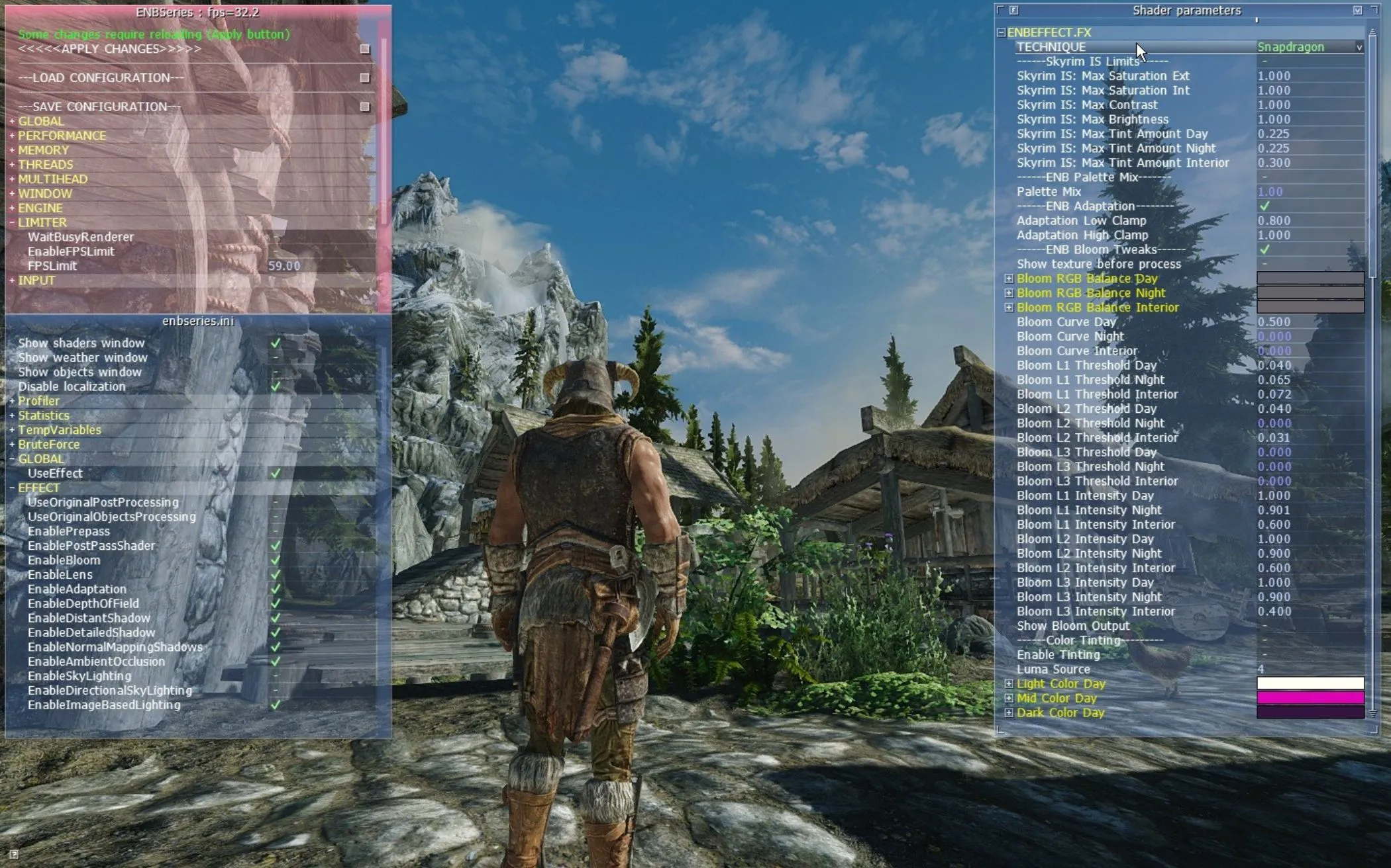 Ảnh chụp màn hình Skyrim với menu tùy chỉnh ENBSeries hiển thị các tùy chọn đồ họa