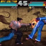 Ảnh chụp màn hình trận đấu Jin và Hwoarang trong Tekken Tag Tournament, minh họa kỹ năng tư duy không gian 3D trong game đối kháng