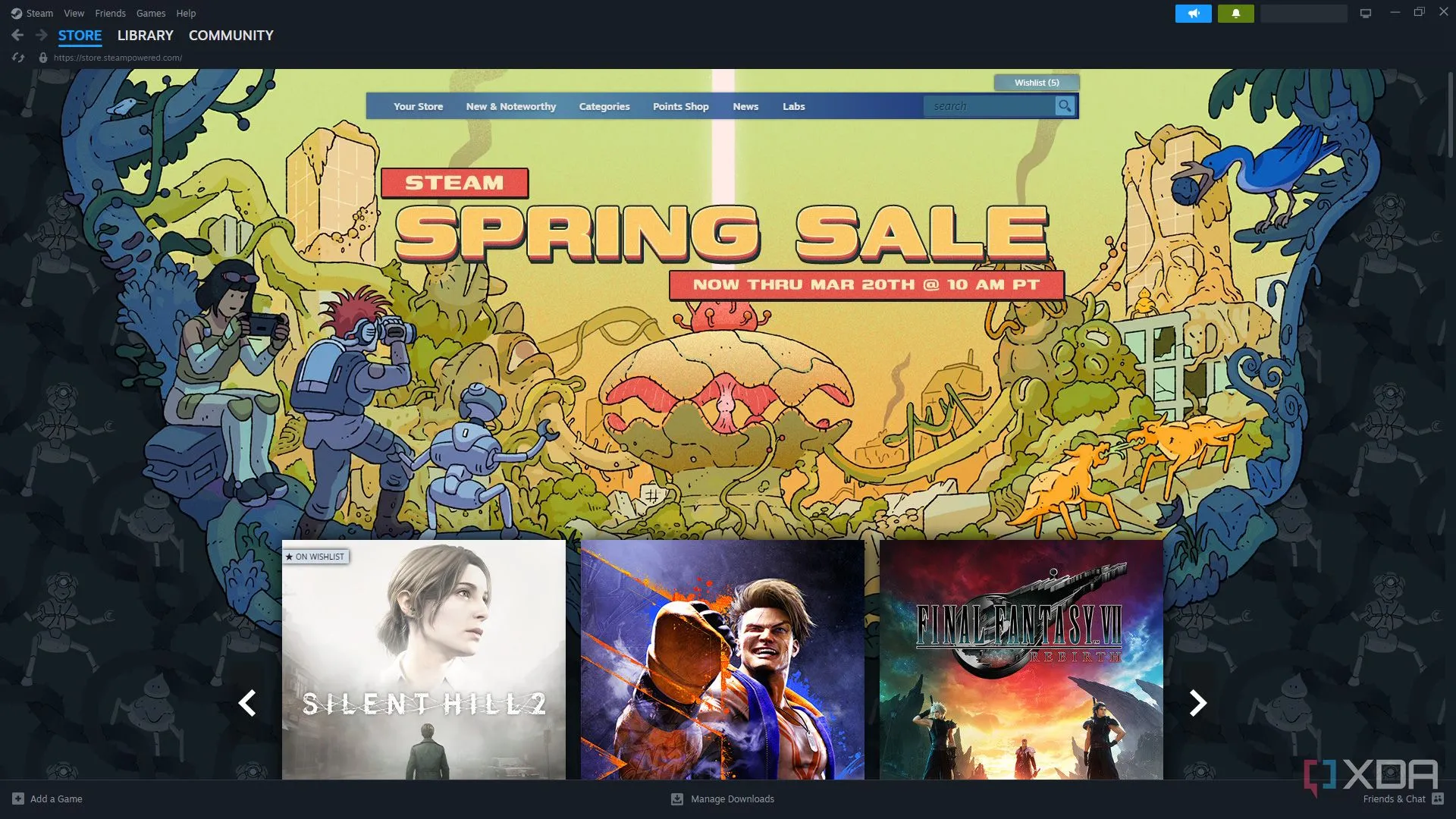 Ảnh chụp màn hình trang chủ cửa hàng Steam với quảng cáo đợt giảm giá mùa xuân, minh họa kho game đa dạng