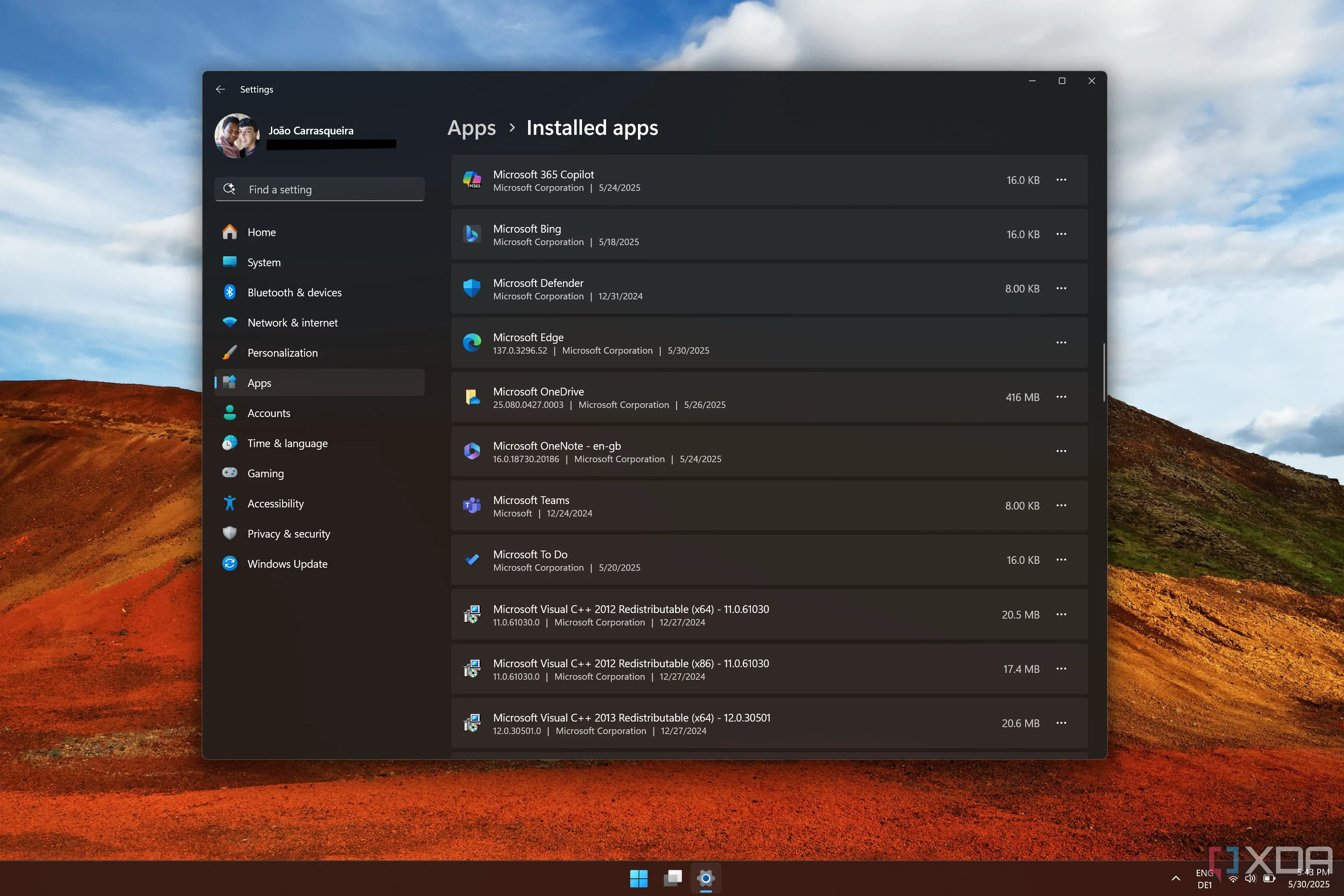 Ảnh chụp màn hình Windows 11 Settings hiển thị danh sách các ứng dụng đã cài đặt