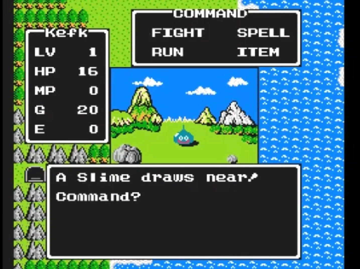 Anh hùng chiến đấu với quái vật Slime trong game Dragon Warrior trên NES