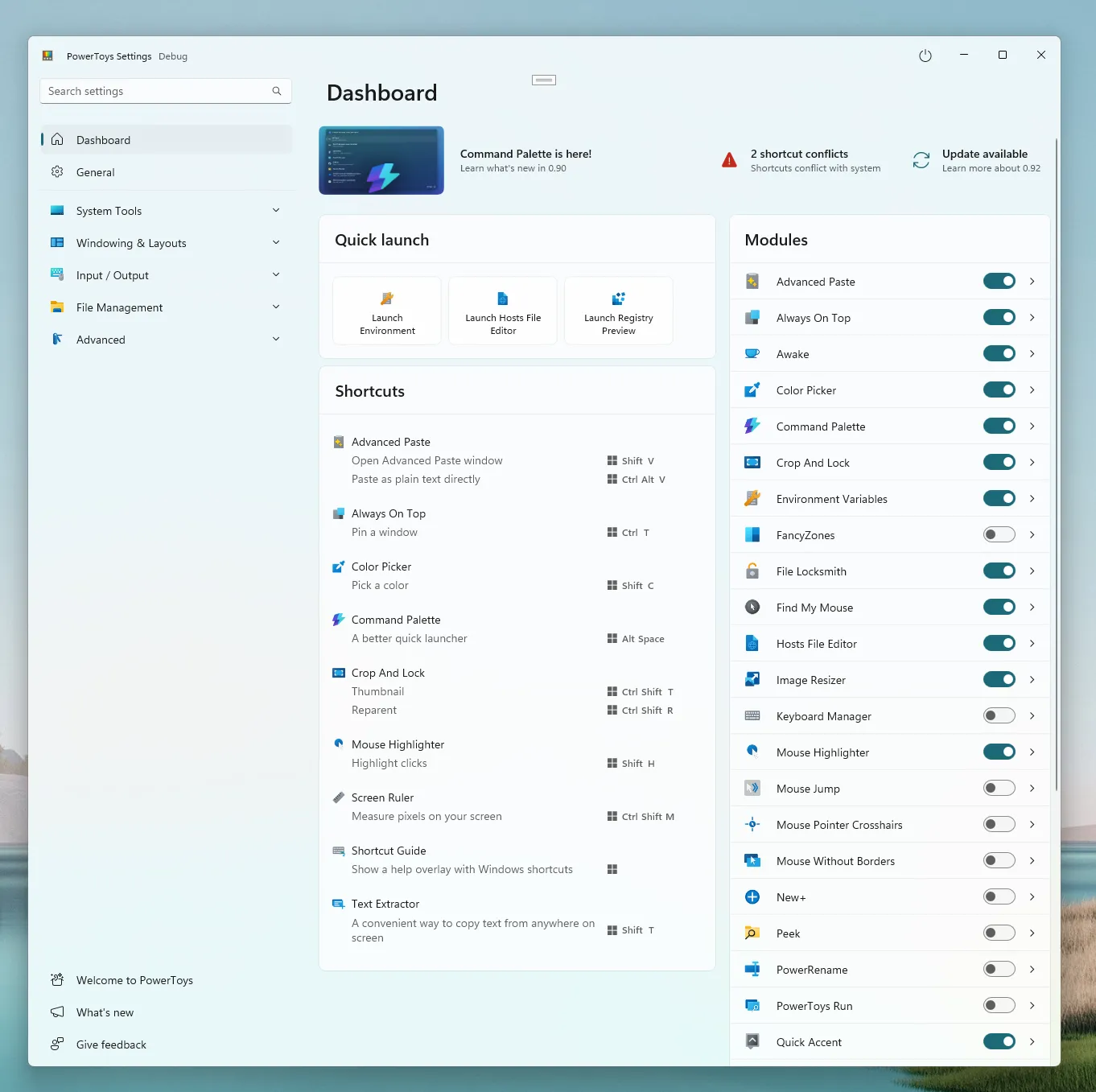 Ảnh minh họa concept thiết kế dashboard mới của Microsoft PowerToys với giao diện được sắp xếp gọn gàng và dễ điều hướng