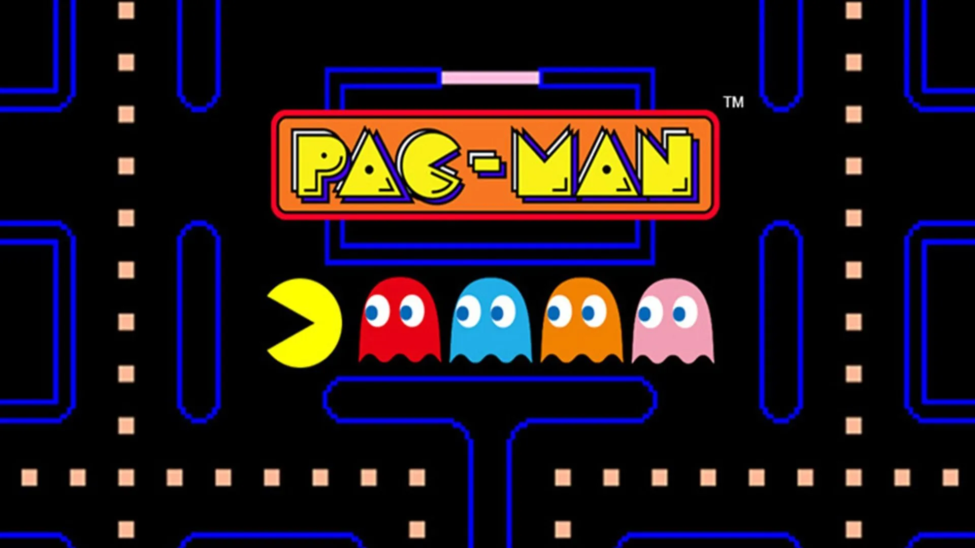 Ảnh quảng cáo gốc của Pac-Man, trò chơi arcade huyền thoại thập niên 80 với nhân vật màu vàng đặc trưng.