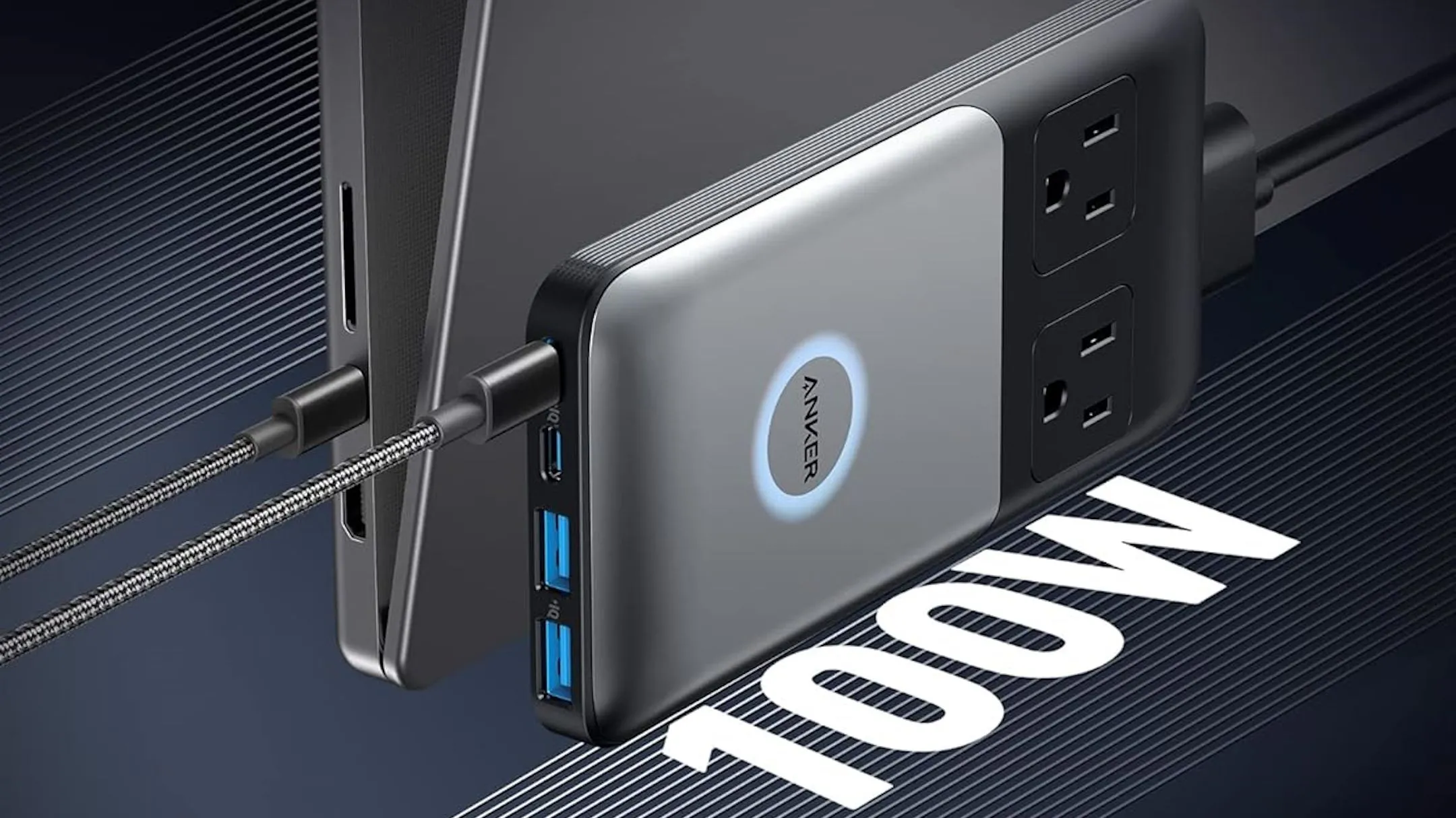 Anker 727 Charging Station hiển thị rõ ràng các loại cổng sạc USB-C, USB-A và ổ cắm AC