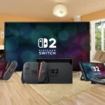 Ba máy chơi game Nintendo Switch 2 với các chế độ cầm tay, tabletop và TV.