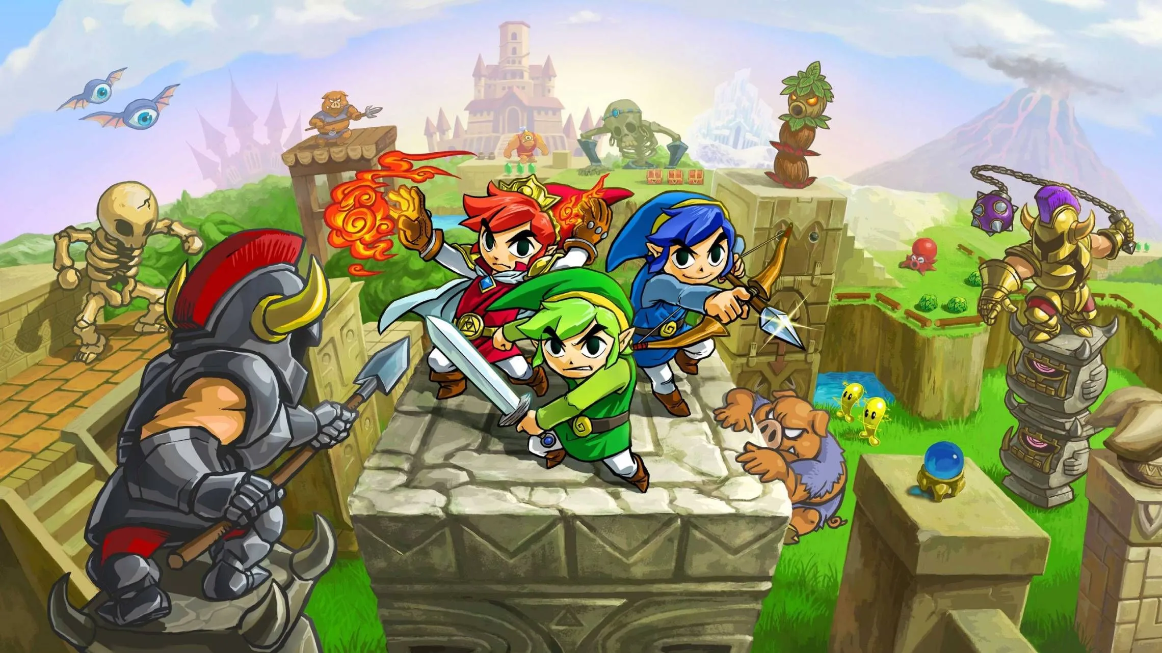 Ba phiên bản Link phối hợp chiến đấu cùng nhau trong hình ảnh minh họa của The Legend of Zelda: Tri Force Heroes
