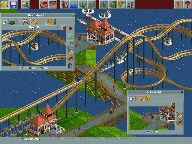 Bản dựng thử nghiệm đầu tiên của game RollerCoaster Tycoon thể hiện đồ họa pixel cơ bản và đường tàu lượn
