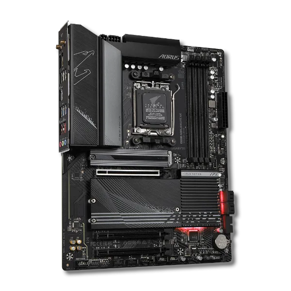 Bản render bo mạch chủ Gigabyte B650 AORUS ELITE AX nhìn từ góc nghiêng