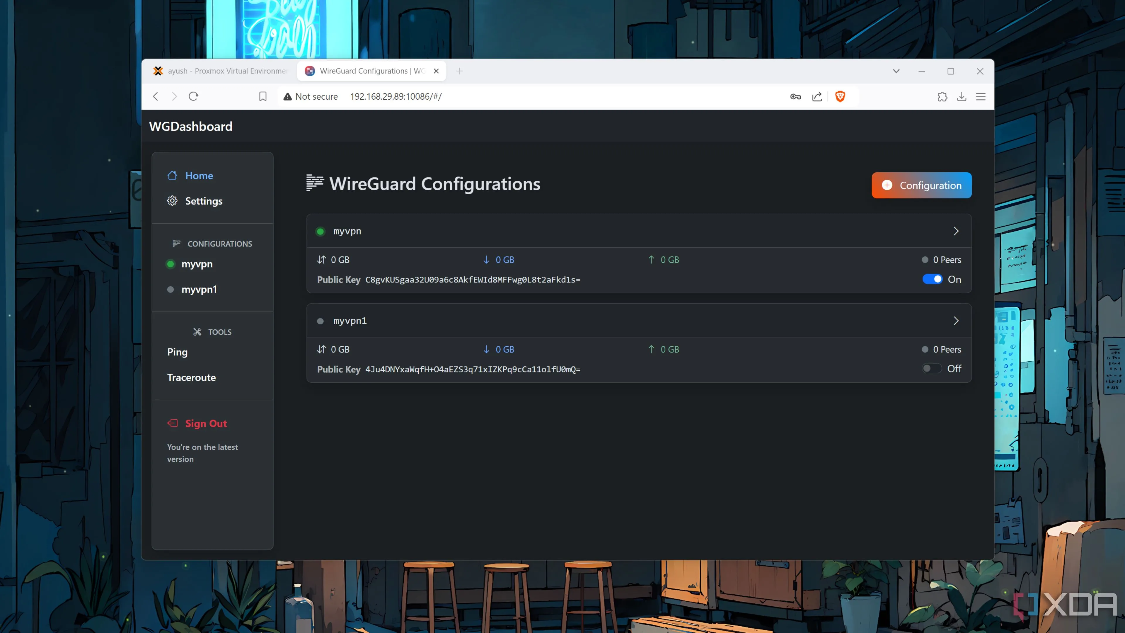 Bảng điều khiển WGDashboard hiển thị cấu hình hai kênh VPN WireGuard, tối ưu cho việc truy cập Proxmox từ xa an toàn