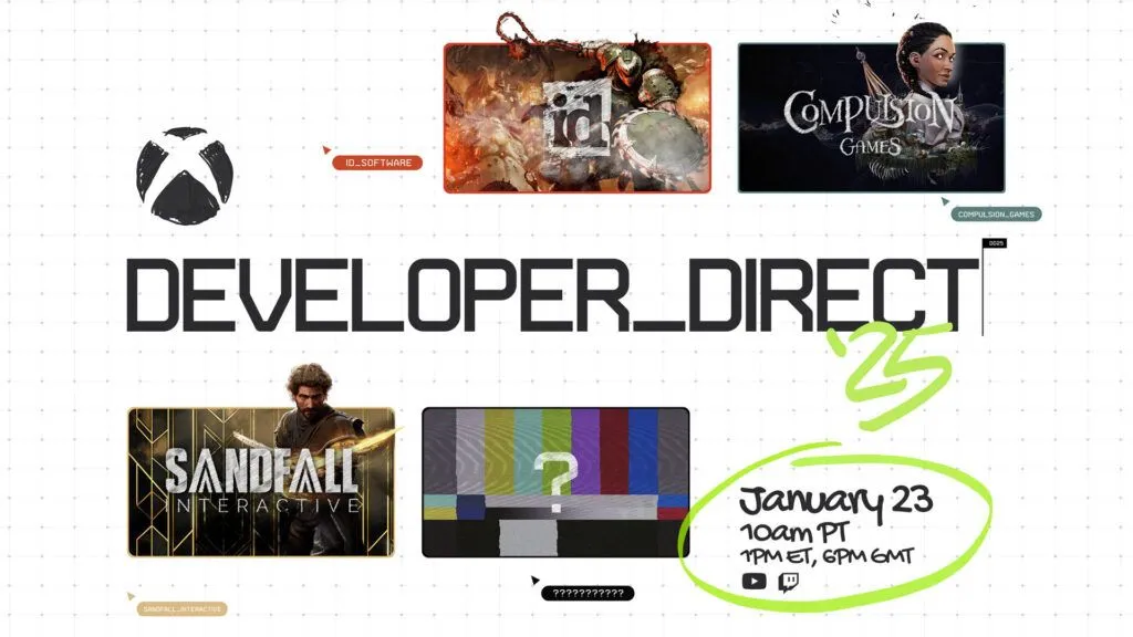 Banner quảng bá sự kiện Xbox Developer_Direct 2025 với hình ảnh các tựa game South of Midnight, DOOM: The Dark Ages và Clair Obscur: Expedition 33
