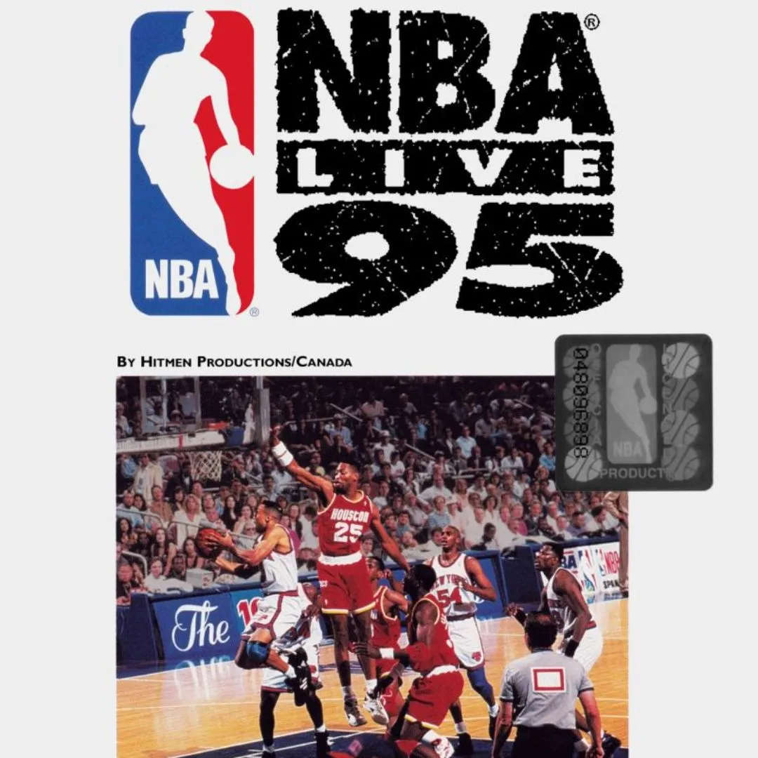 Bìa đĩa game NBA Live 95 với cầu thủ bóng rổ trên sân, một trong những game thể thao tiên phong trên SNES
