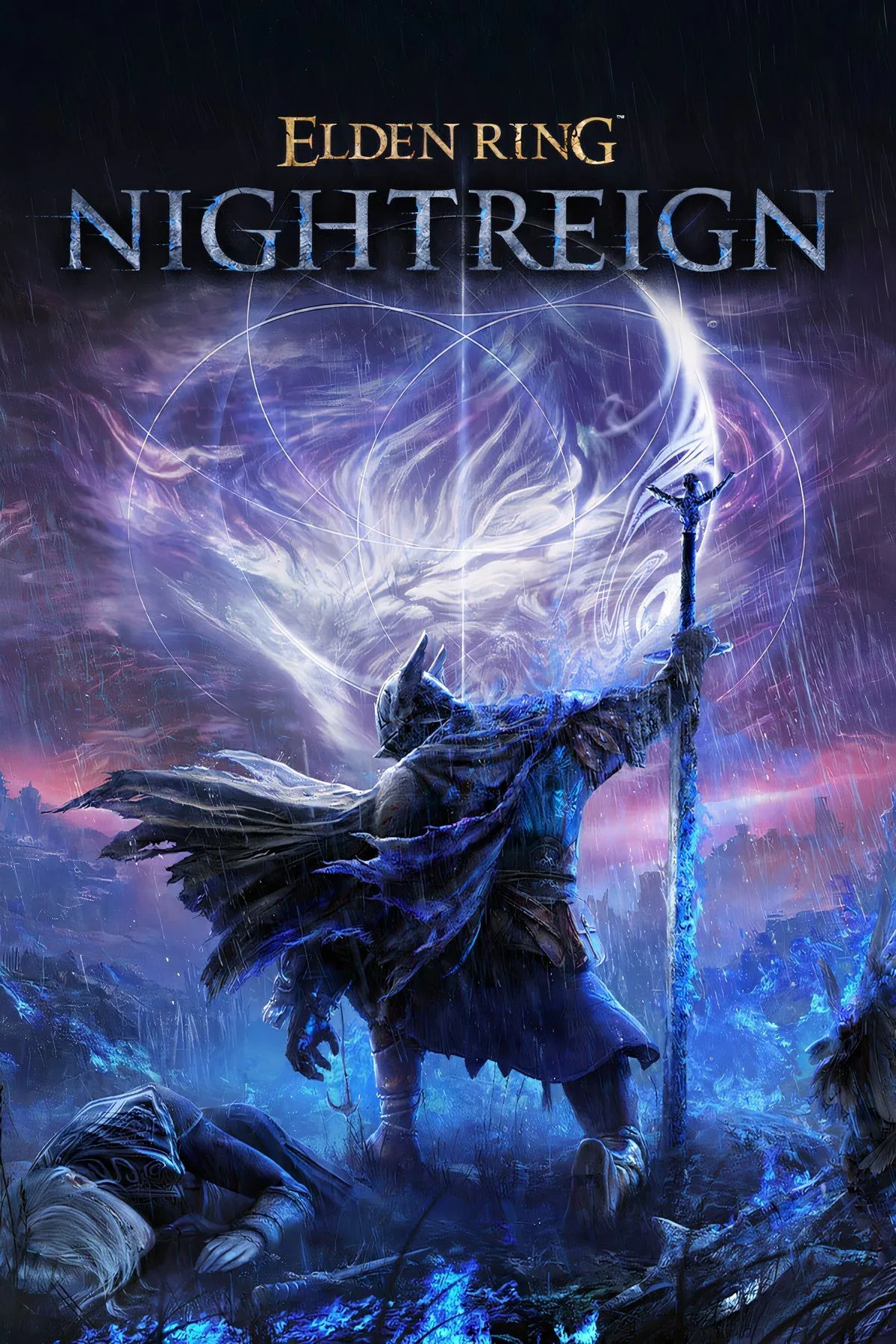 Bìa game Elden Ring Nightreign với hình ảnh các hiệp sĩ đối đầu quái vật trong không gian ma mị