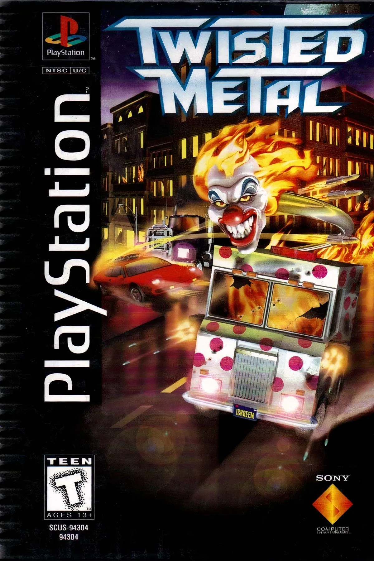 Bìa game Twisted Metal phiên bản Long Box của PlayStation 1, tựa game đua xe đối kháng biểu tượng.
