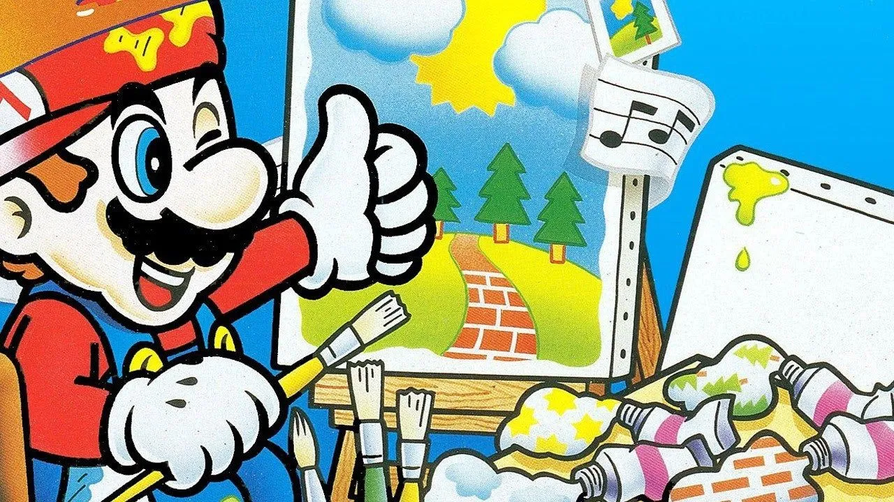 Bìa hộp game Mario Paint trên SNES, một tựa game sáng tạo yêu cầu chuột điều khiển