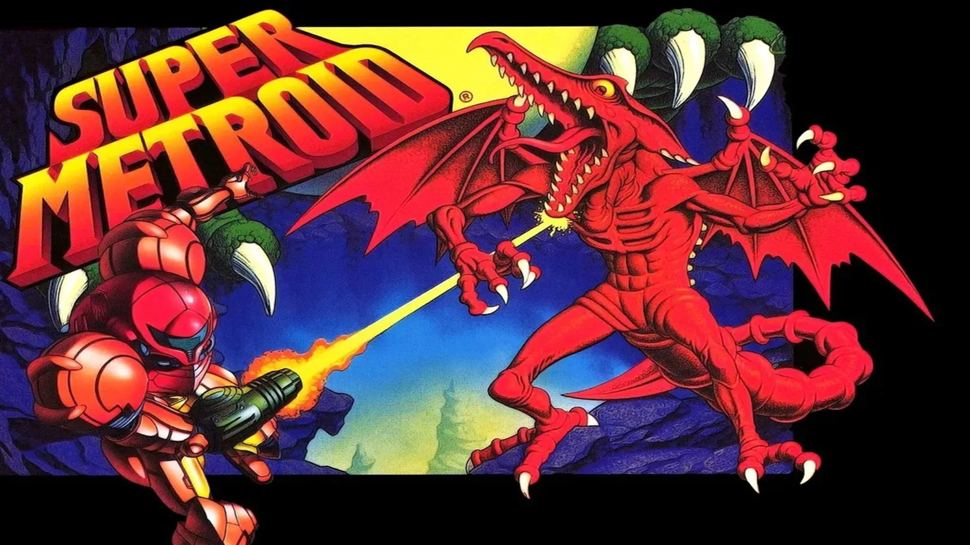 Bìa hộp game Super Metroid rõ nét trên Super Nintendo, với hình ảnh Samus Aran đối đầu với một Metroid khổng lồ, thể hiện sự đối đầu kịch tính.