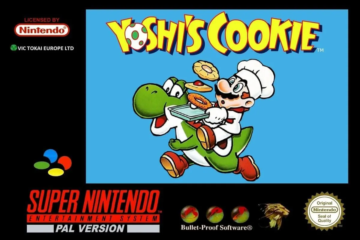 Bìa hộp phiên bản PAL của game Yoshi's Cookie trên SNES, một tựa game giải đố vui nhộn