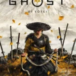 Bìa nghệ thuật game Ghost of Yotei, phần tiếp theo của siêu phẩm hành động phiêu lưu Ghost of Tsushima, với hình ảnh nhân vật chính trong trang phục samurai truyền thống trên nền phong cảnh hùng vĩ.