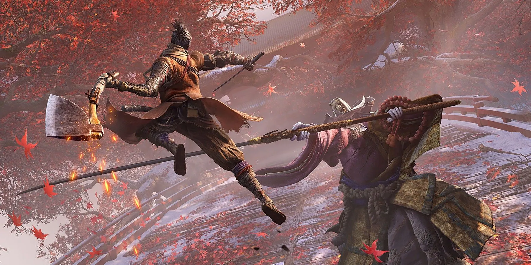 Bìa nghệ thuật game Sekiro: Shadows Die Twice với Shinobi Wolf tấn công kẻ địch
