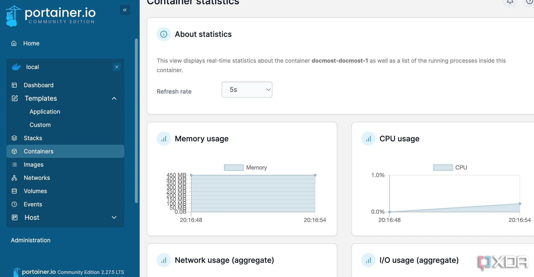 Biểu đồ giám sát tài nguyên CPU và RAM theo thời gian thực cho một container Docker trong Portainer