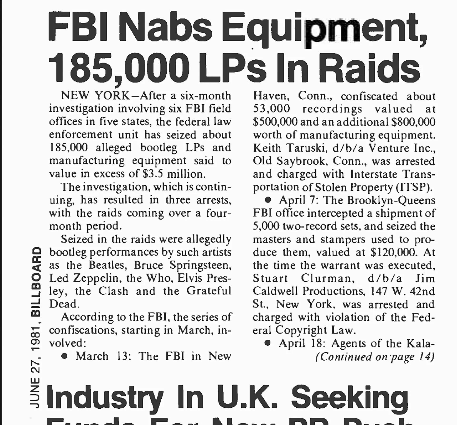 Billboard Magazine article clipping from 1981 mentioning FBI raid on Keith Taruski