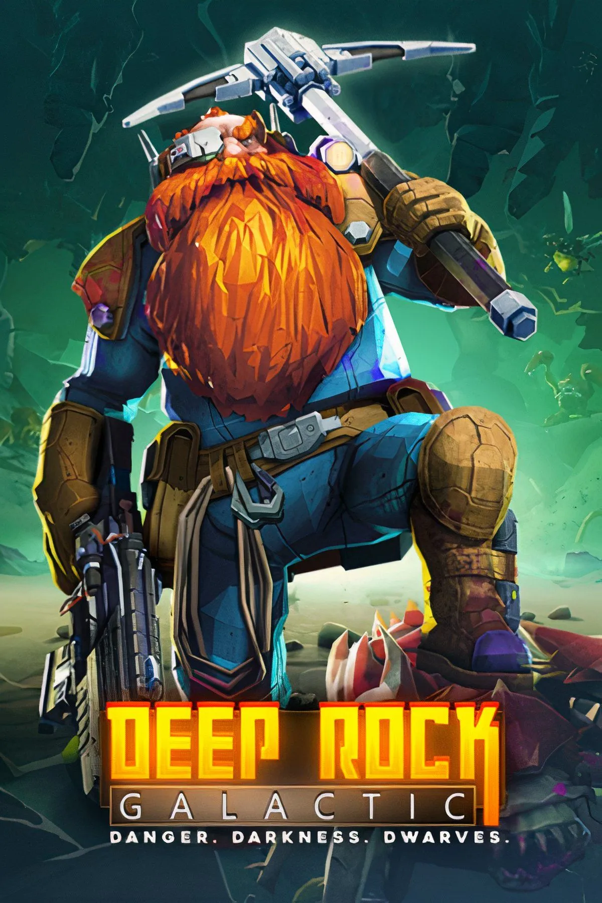 Bốn nhân vật lính lùn từ Deep Rock Galactic đang đào khoáng sản trong hang động ngoài hành tinh.