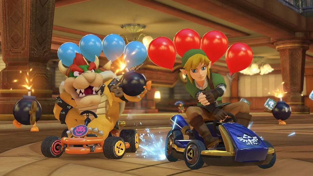 Bowser và Link đua xe trong Mario Kart 8 Deluxe, một trò chơi Wii U được bán lại thành công trên Nintendo Switch