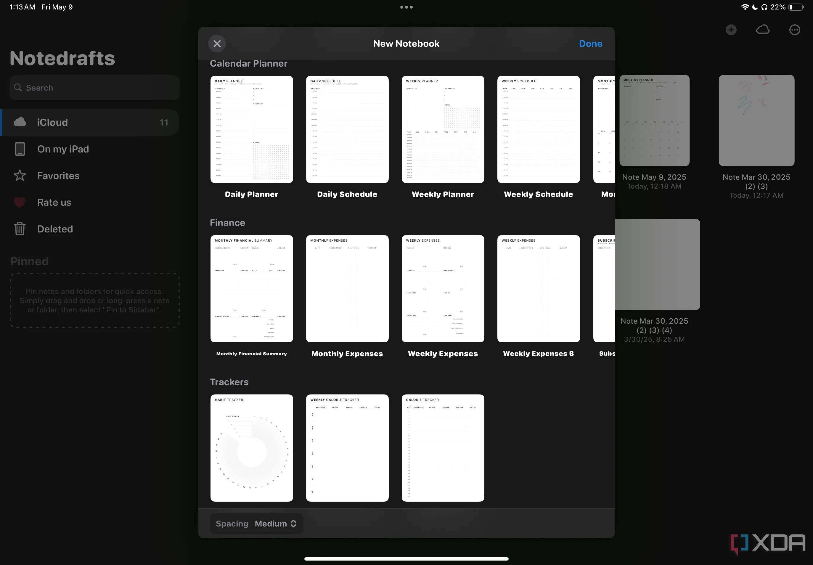 Các mẫu template lịch, tài chính và theo dõi mục tiêu có sẵn trong Notedrafts