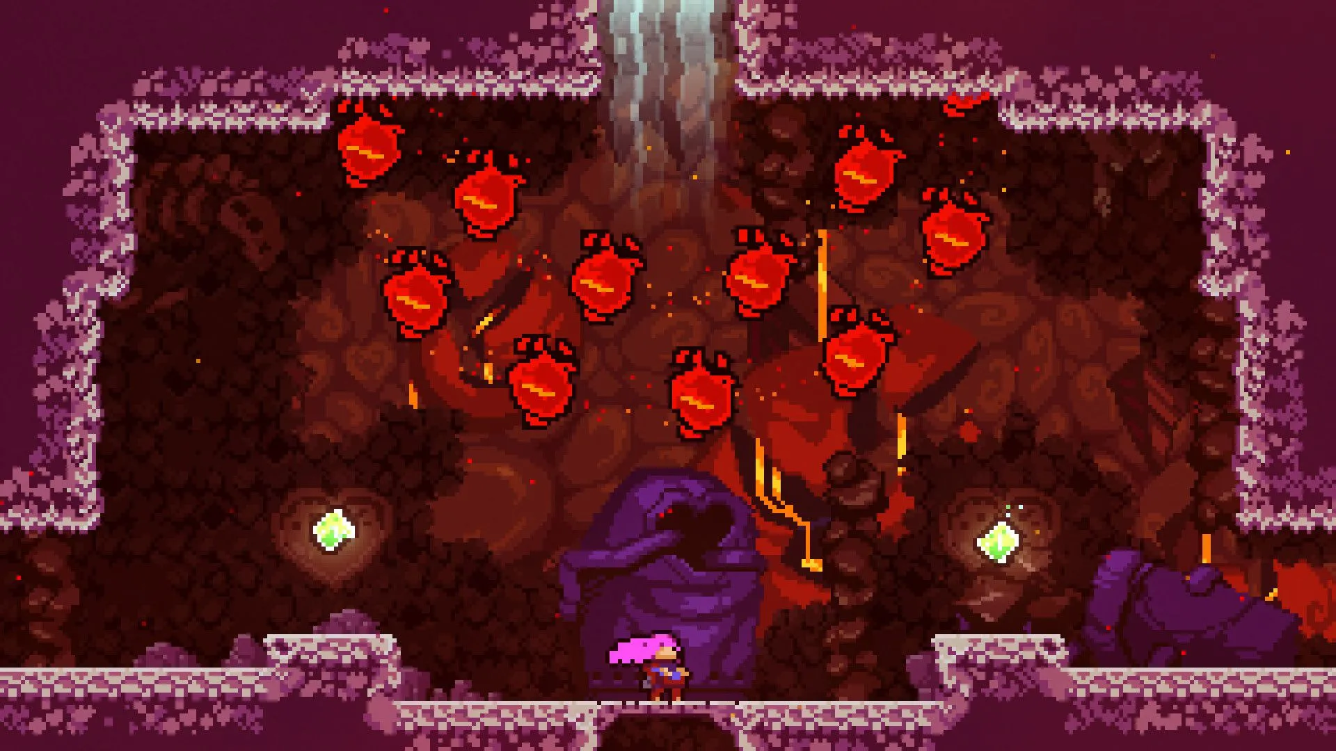 Các quả cầu đỏ lao xuống Madeline, tạo thử thách trong game Celeste.