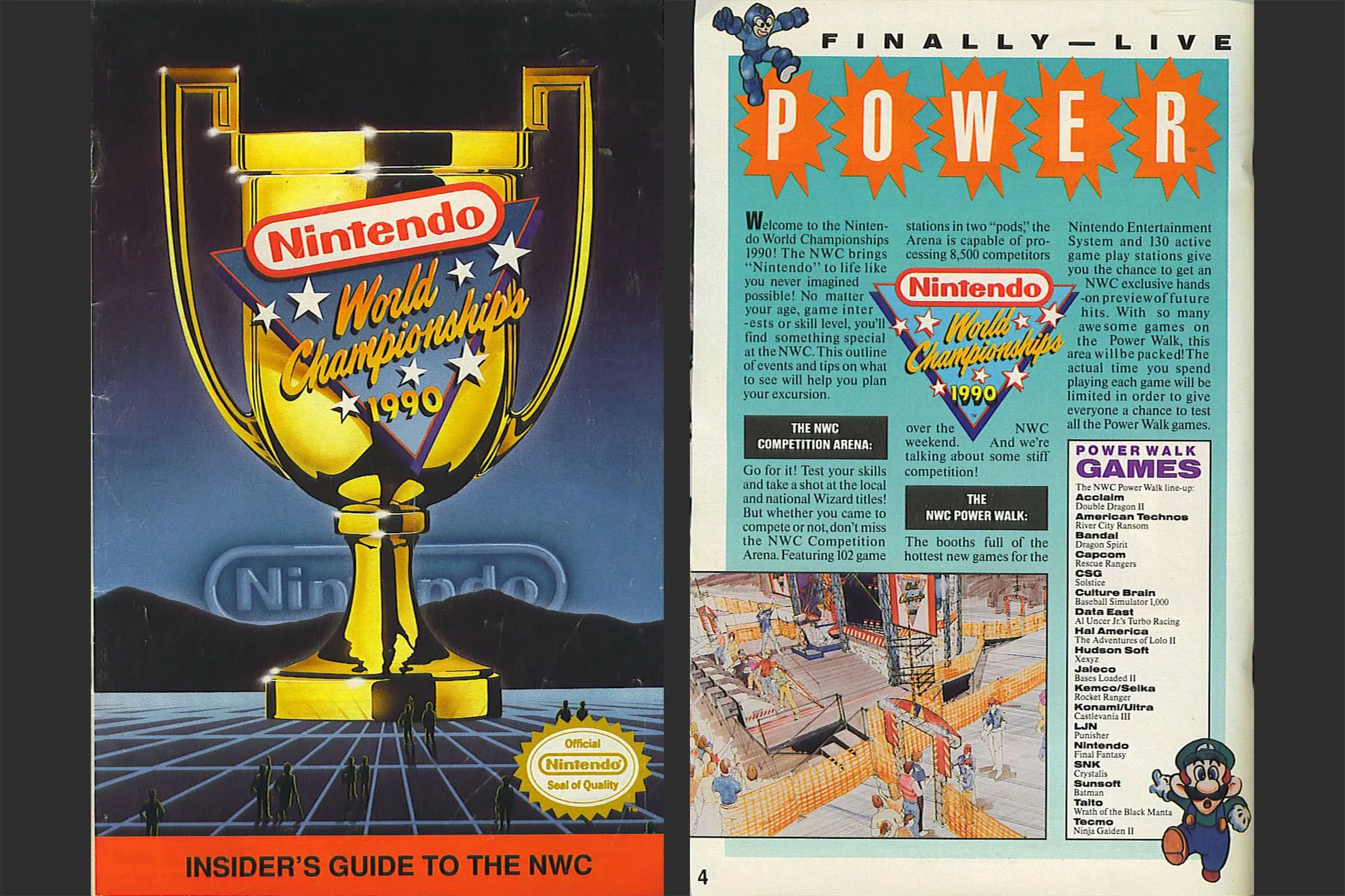 Các trang sách hướng dẫn chính thức của giải đấu Nintendo World Championships 1990, giới thiệu về cuộc thi game huyền thoại và các trò chơi được sử dụng.