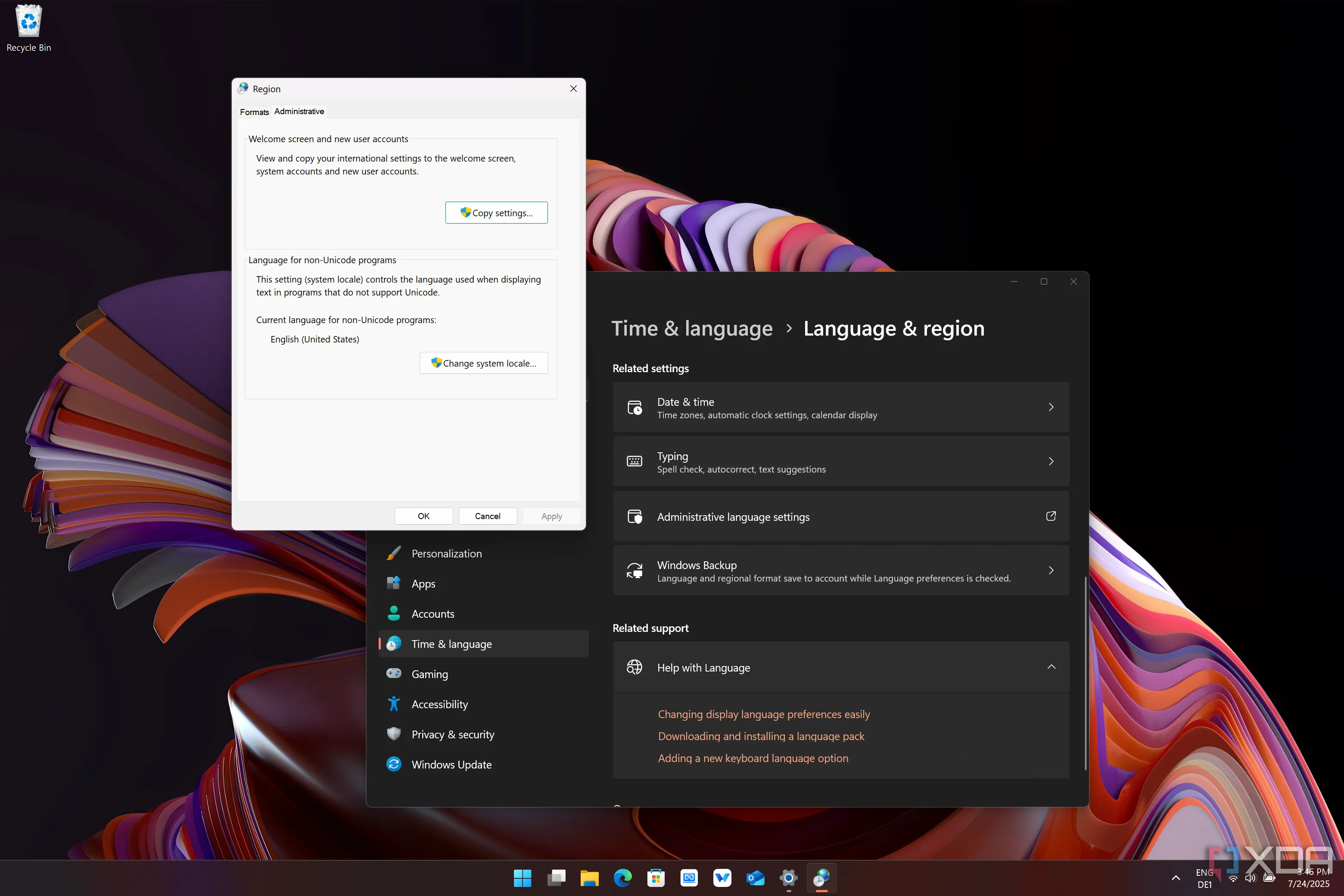Cài đặt khu vực quản trị trong Windows 11