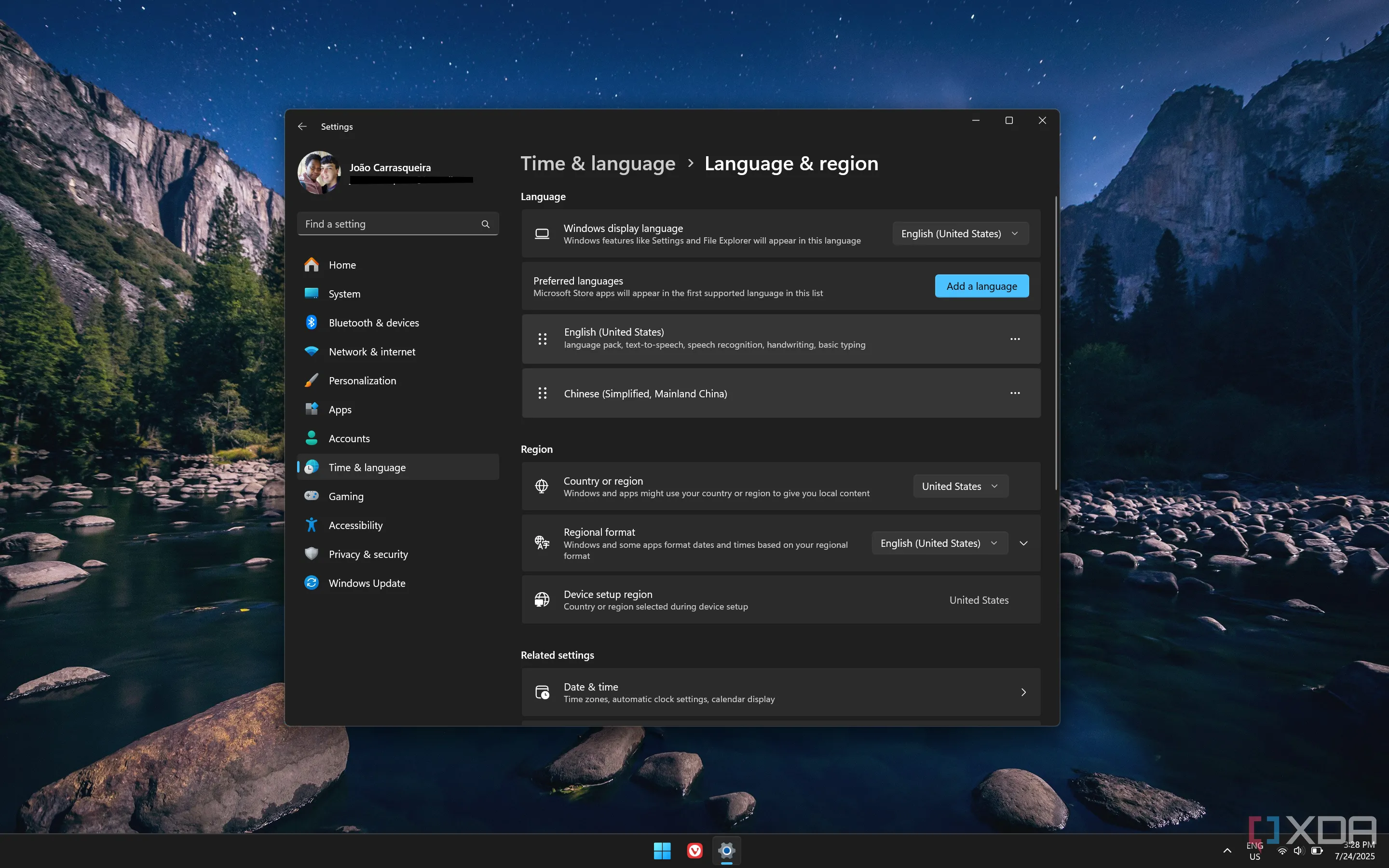 Cài đặt vùng thiết bị trên Windows 11 cho thấy khu vực thiết lập đang là Hoa Kỳ
