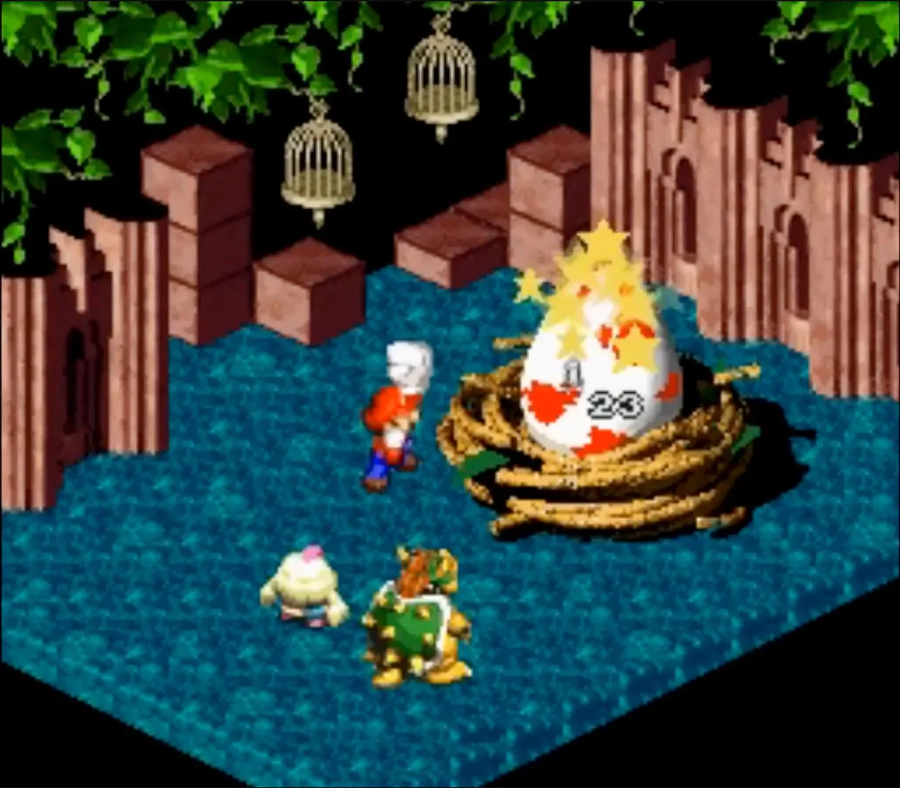 Cảnh chiến đấu theo lượt trong Super Mario RPG trên SNES, với Mario và đồng đội đối mặt với kẻ thù trong đồ họa isometric ấn tượng.