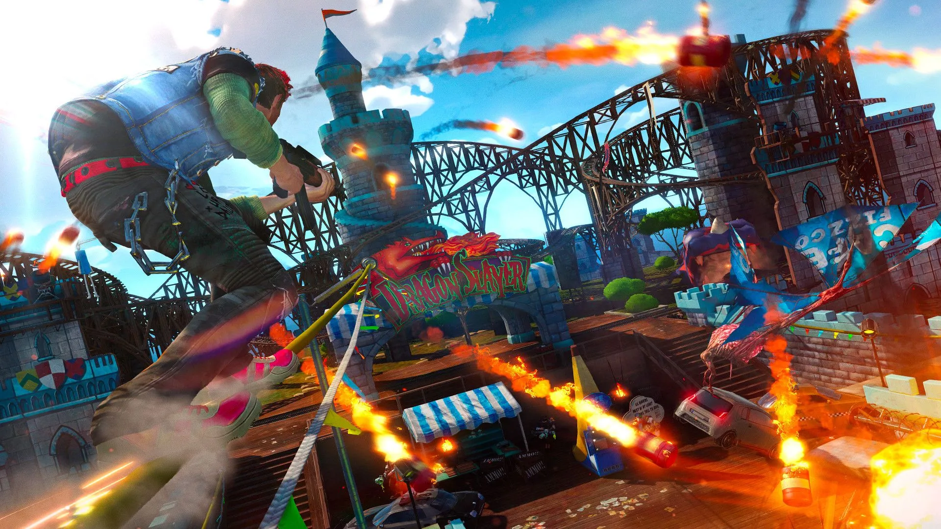 Cảnh chơi game Sunset Overdrive với nhân vật trượt trên đường ray, thể hiện lối di chuyển linh hoạt và tốc độ cao.