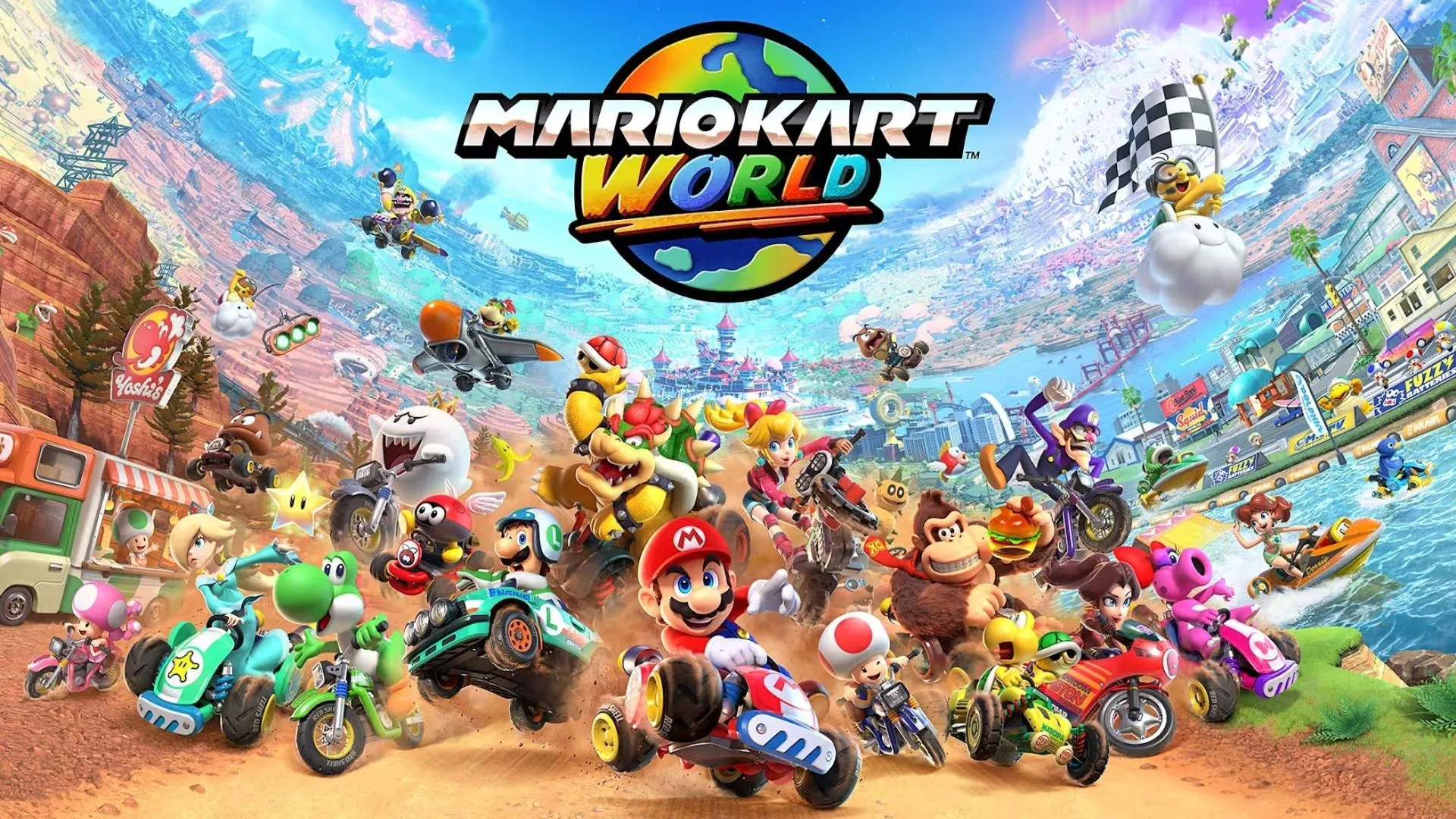 Cảnh đua Mario Kart World trên Nintendo Switch 2 với xe đua và môi trường chi tiết.