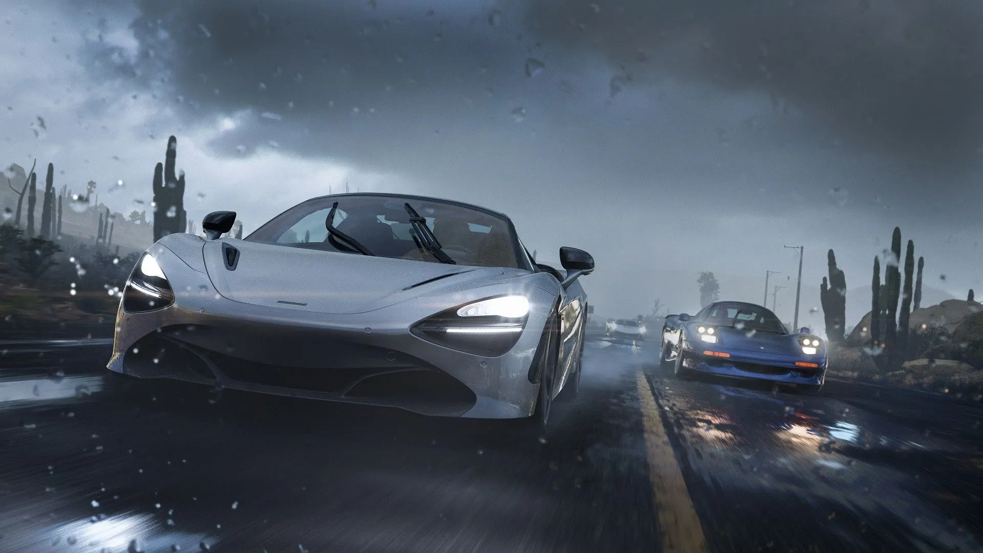 Cảnh đua xe dưới mưa trong game Forza Horizon 5 với nhiều ô tô