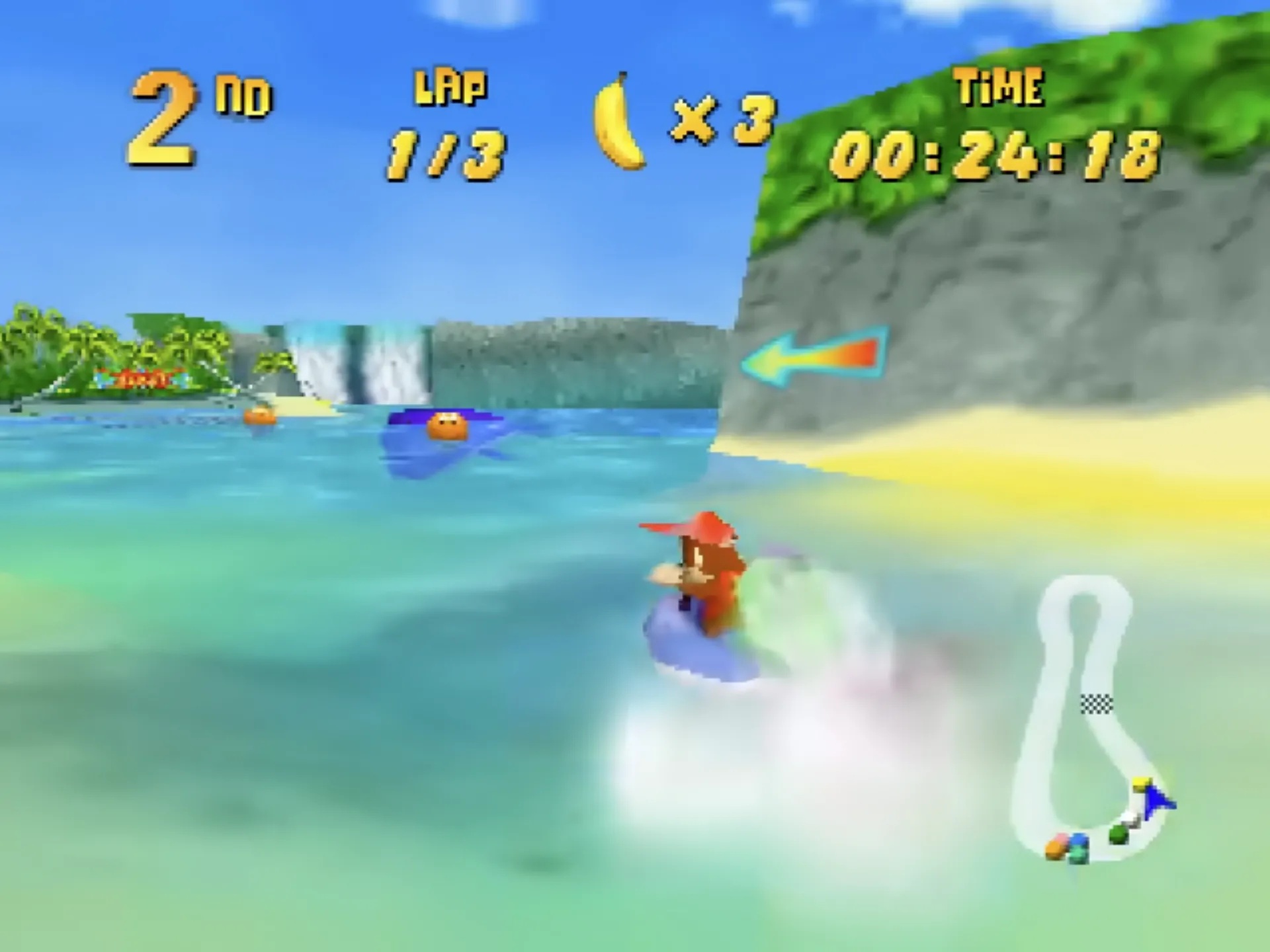Cảnh đua xe trong game Diddy Kong Racing trên Nintendo 64 với nhiều phương tiện khác nhau
