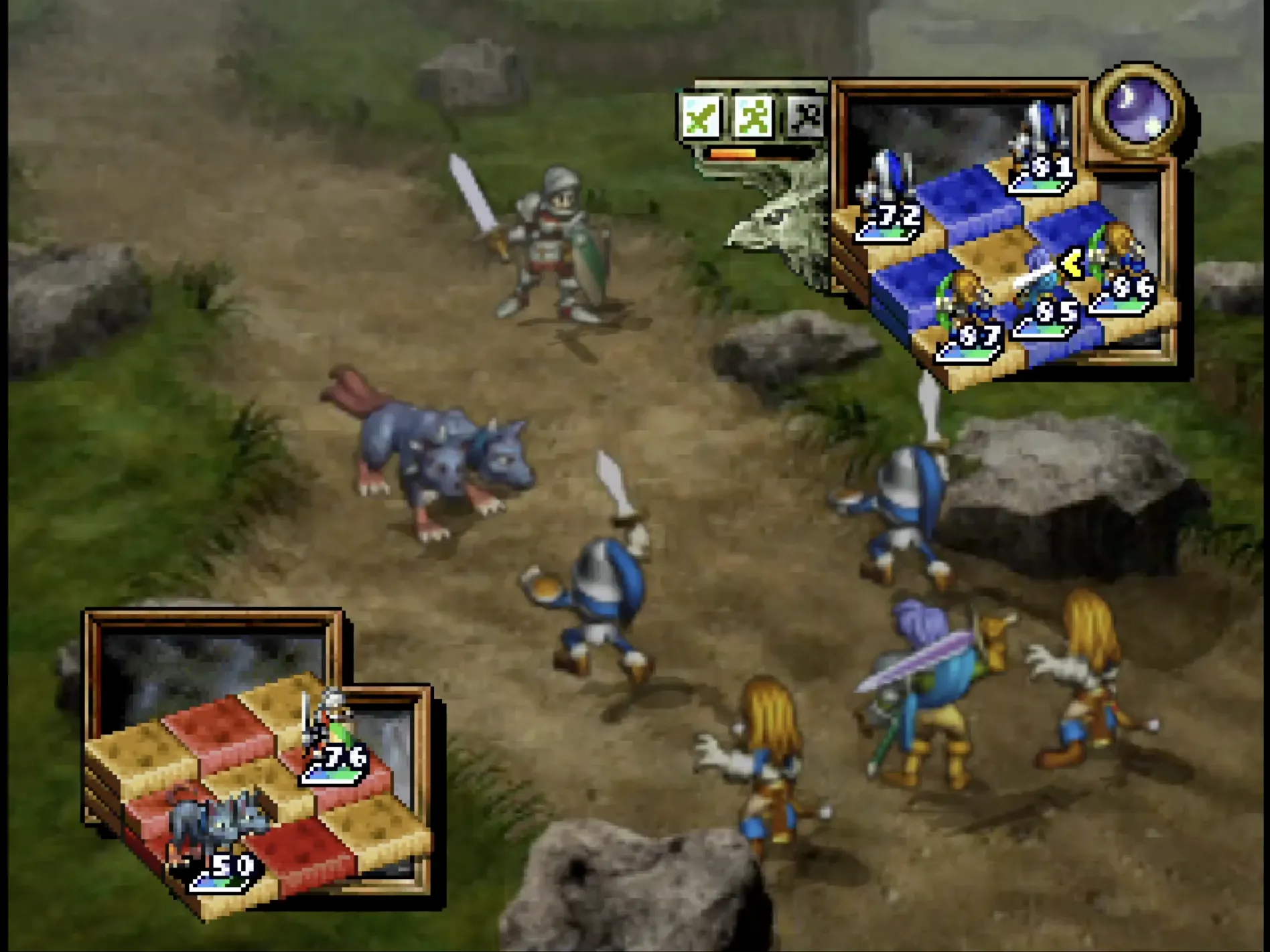 Cảnh game nhập vai chiến thuật Ogre Battle 64 trên Nintendo 64 với các đơn vị quân