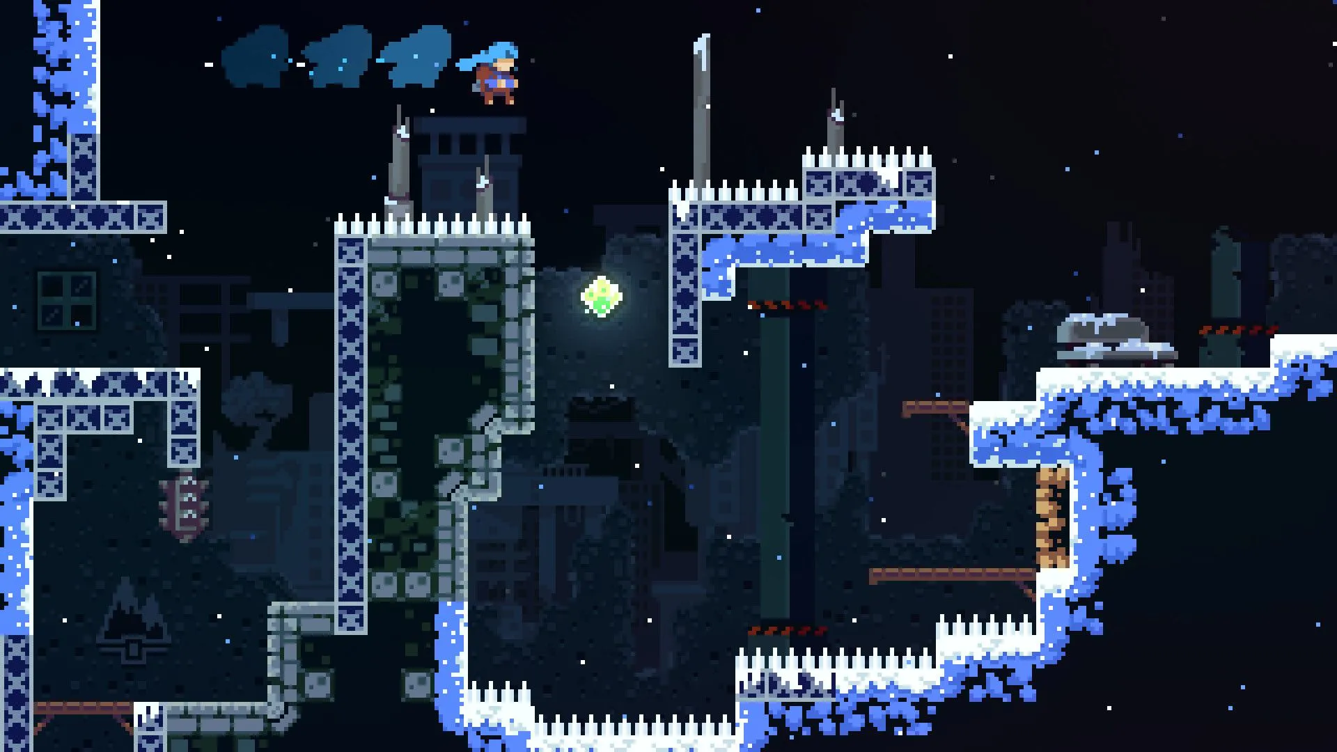 Cảnh gameplay Celeste với Madeline đang thực hiện pha lướt trên không để vượt qua chướng ngại vật gai nhọn trong màn chơi tuyết, thể hiện độ khó đặc trưng của game platformer này.