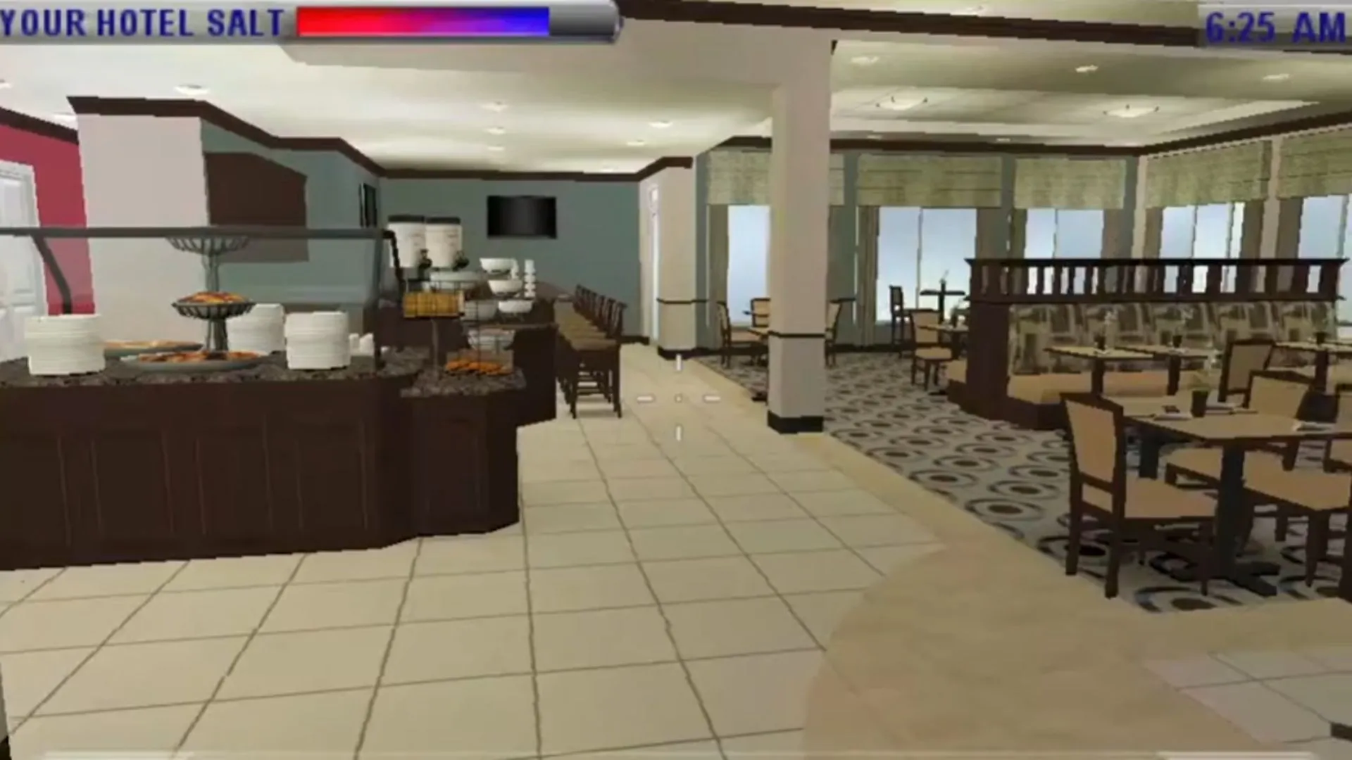 Cảnh gameplay của The Hilton Family trên PSP, hiển thị một nhân vật nữ đang đứng ở quầy lễ tân khách sạn Hilton