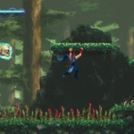 Cảnh Kenji Mozu chiến đấu trong rừng sâu với thanh kiếm katana và hiệu ứng ma thuật màu tím trong game Ninja Gaiden Ragebound